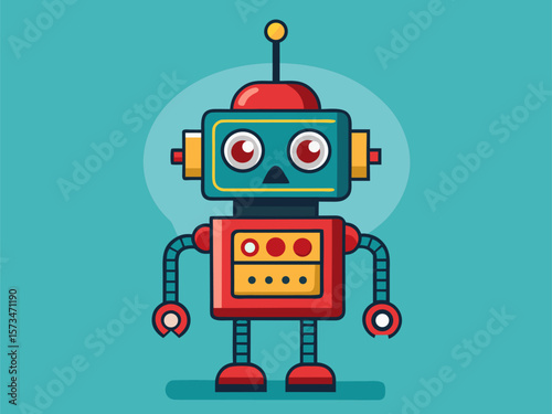 Retro cartoon robot character with blinking lights and boxy body standing in spotlight