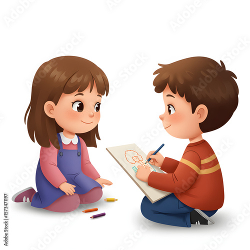 Two children drawing together on the floor with crayons indoors, white background, isolated   