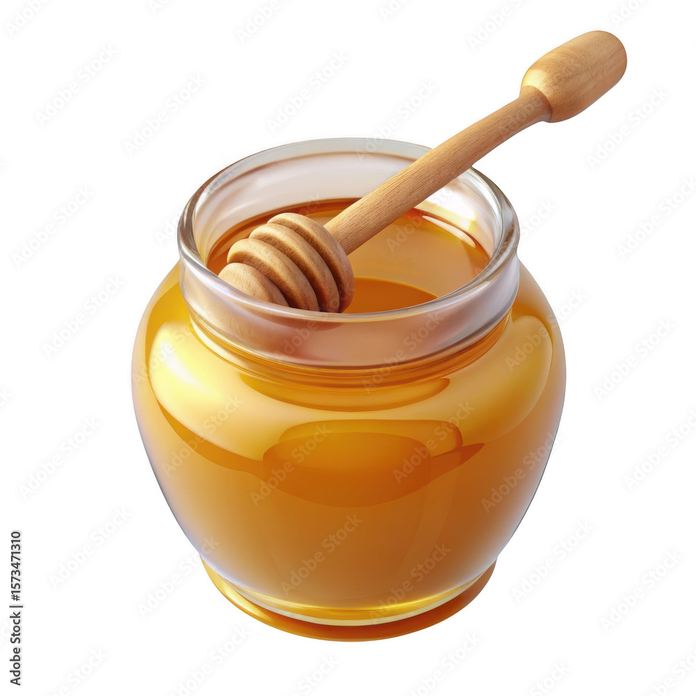 Golden honey in a glass jar with a wooden dipper isolated on transparent background Golden honey in a glass jar with a wooden dipper isolated on transparent background