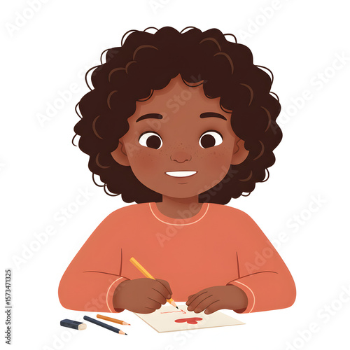 Young black girl making a card for a friend while smiling, white background, isolated   