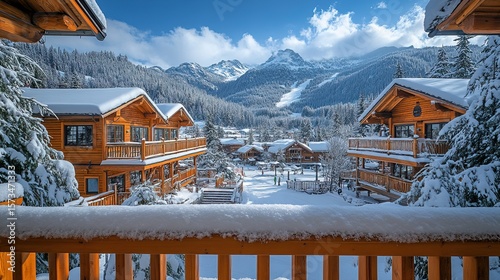 Wooden chalet complex nestled in snowy mountain valley, with balconies, pathways, and ski slopes visible.