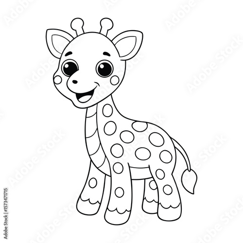 A cheerful baby giraffe with tall spots smiling bright for kids coloring book vector illustration.