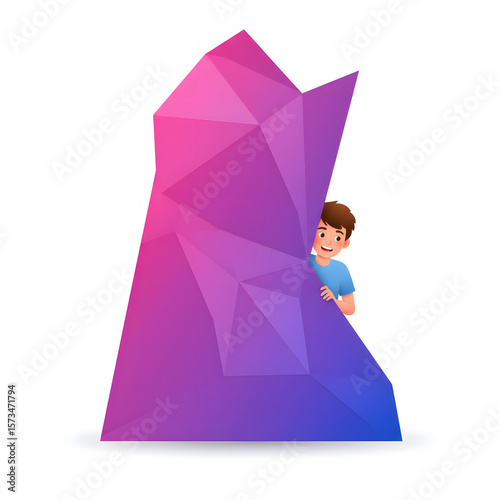 Young boy playing hide and seek behind a colorful abstract rock, white background, isolated   