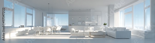 Serene all white open concept interior with ocean view windows