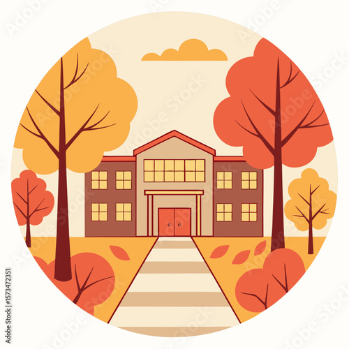 Quiet schoolyard with colorful autumn trees in flat style