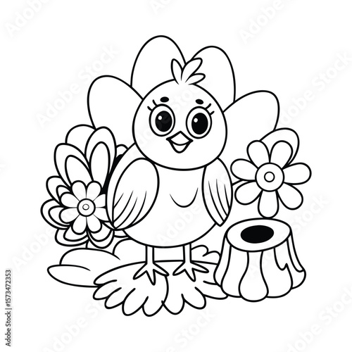 A happy chick sitting beside a tree stump and flower for kids coloring book vector illustration.