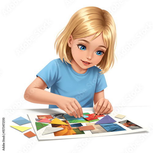 Young girl creating a collage with colorful paper pieces indoorsr, white background, isolated  