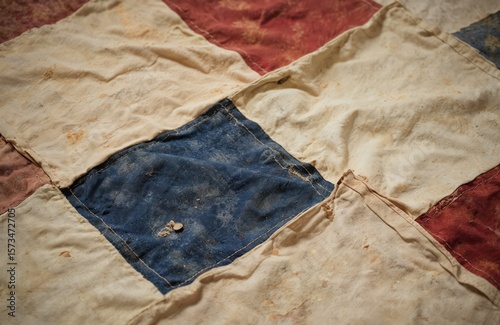 Hand-stitched quilt featuring geometric pattern of blue, white, red patches. Textured surface showcases stitcher artistry, craftsmanship. Gray backdrop provides neutral contrast to vibrant patchwork.