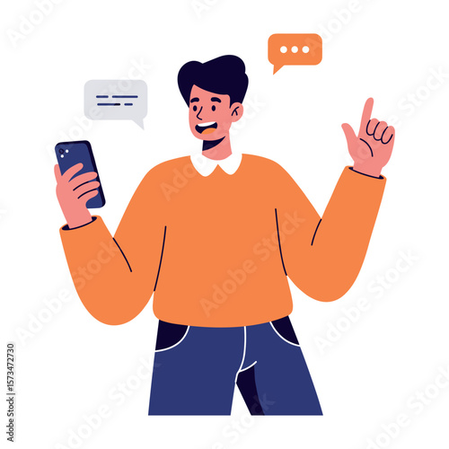 Young hispanic male using smartphone with speech bubbles – stock vector in colorful flat style