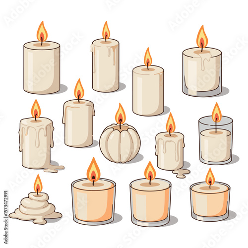 Collection of various lit candles with diverse shapes and melting wax design – stock vector in colorful flat style