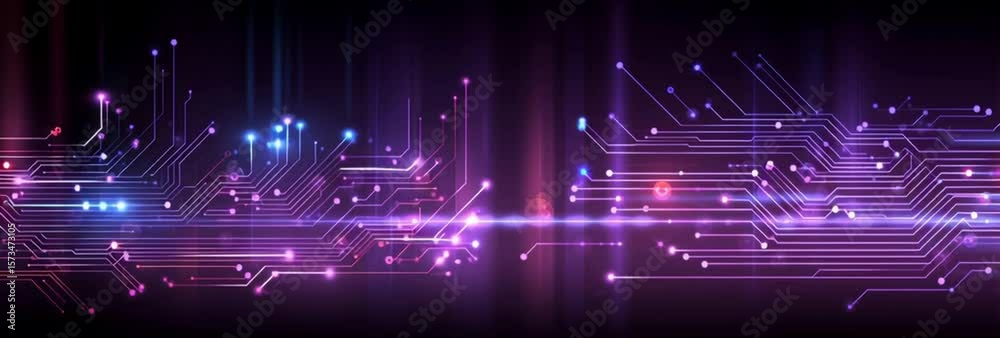 Abstract vector circuit board background with blue and red light effect on a dark purple background, a technology banner design for a website layout template Generative AI