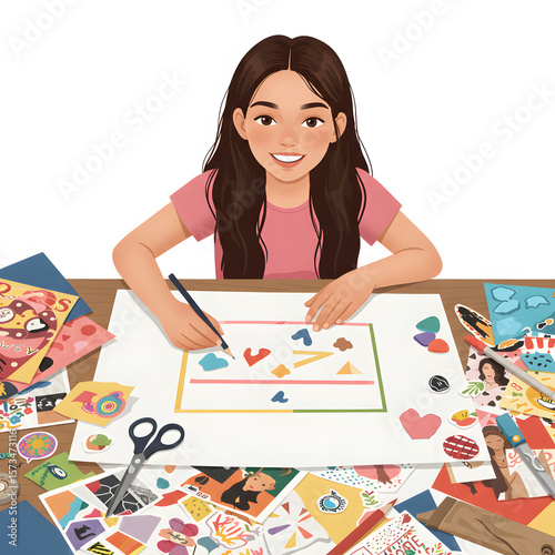 Young girl creating a collage with stickers and paper on a tabler, white background, isolated  