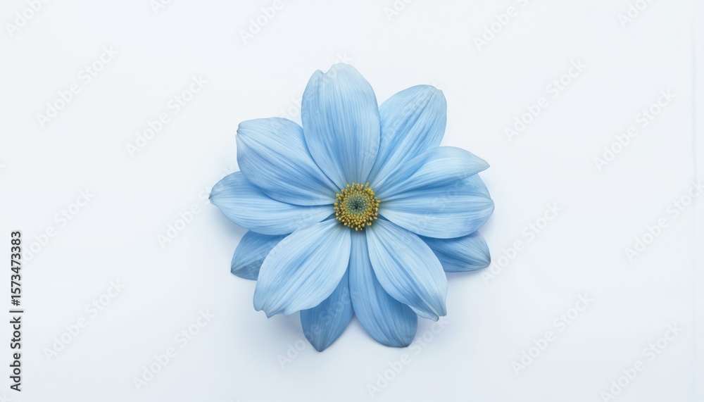 Obraz premium Single blue flower on white background. Centrally positioned yellow center. Bright blue petals, delicate, pure. Simple, clean, macro, close-up. Isolated on white, studio light, calm, serene.