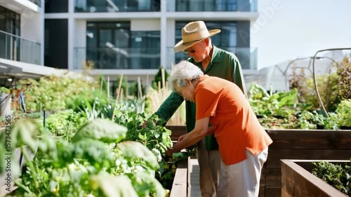 Senior couple gardening in urban community garden, elderly people planting vegetables, sustainable lifestyle concept, healthy food growing, retirement hobby, green city living