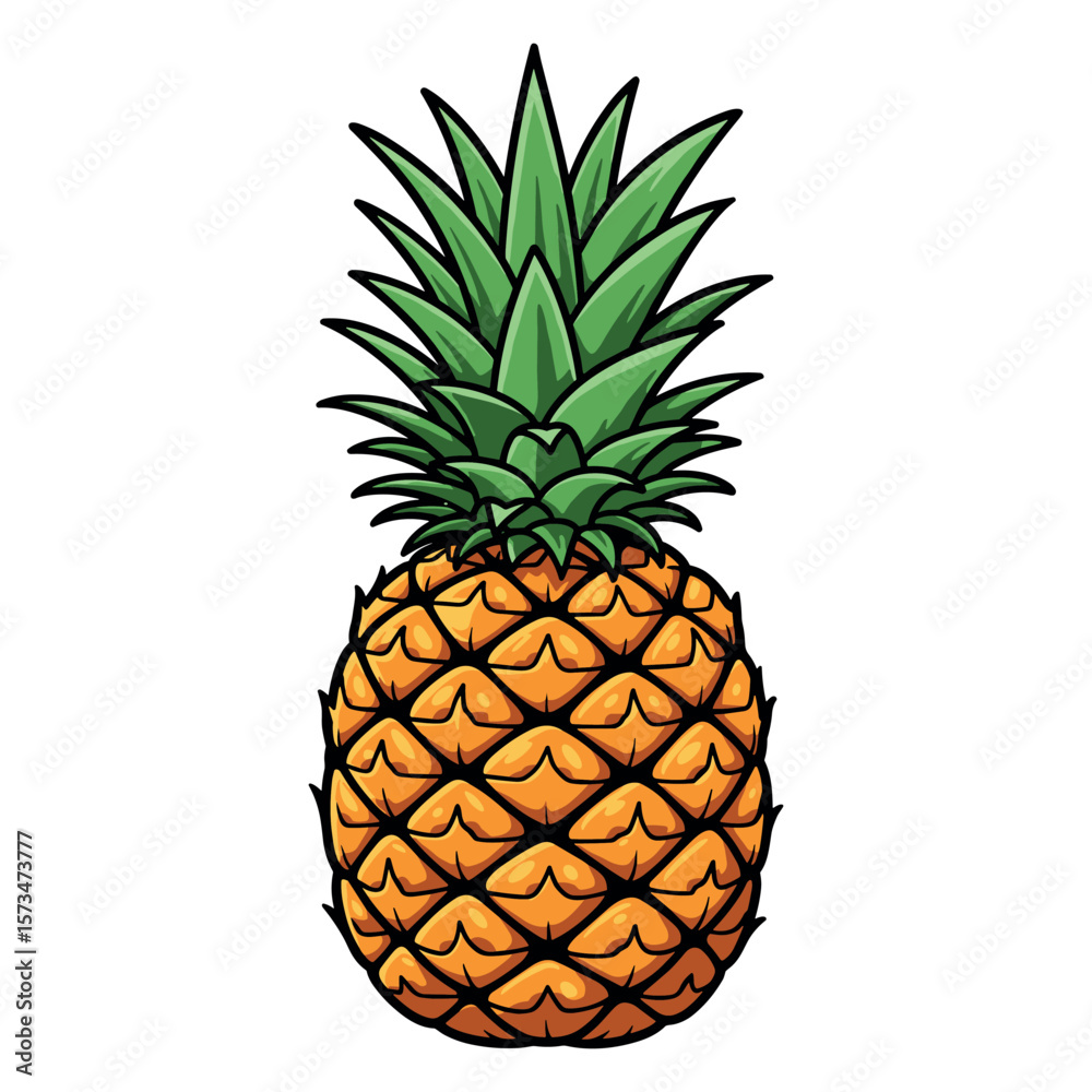 Obraz premium Detailed illustration of a fresh pineapple with green leaves – stock vector in colorful flat style