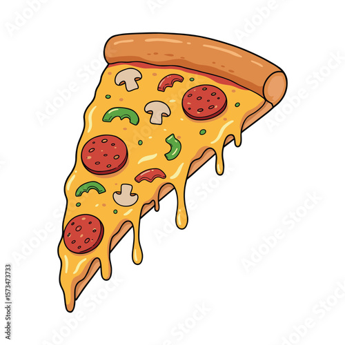 Delicious melting pizza slice with toppings on display – stock vector in colorful flat style