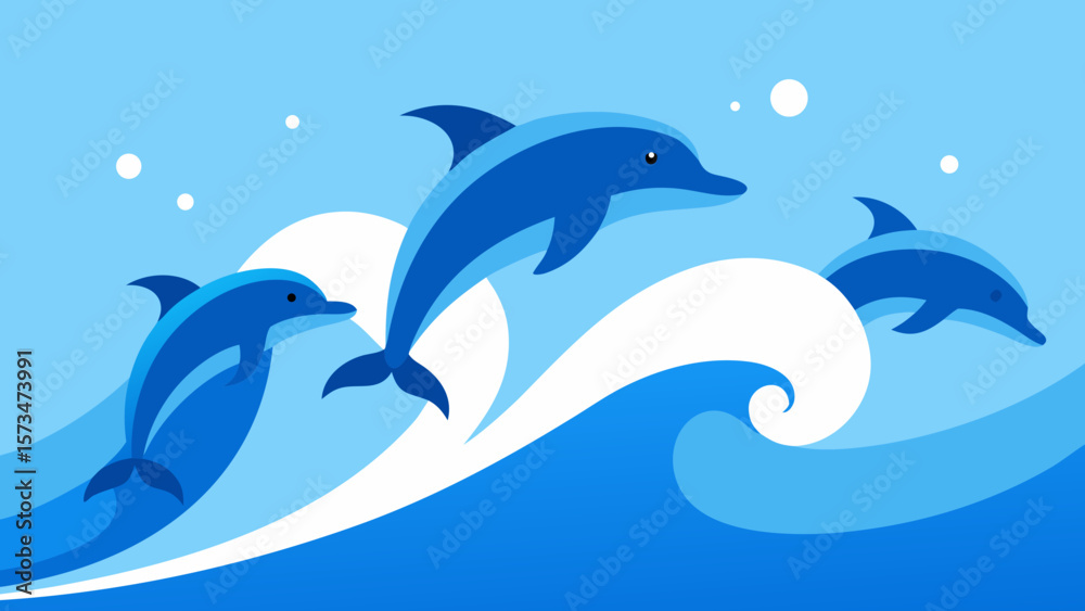 Fototapeta premium Cute blue dolphins swimming and jumping in the ocean waves
