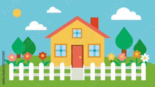 Cartoon house and garden vector illustration with trees, fence, and summer landscape
