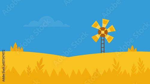 Green farm landscape with wind turbines generating clean, renewable energy under a blue sky