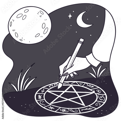 Hand drawing a pentagram circle with symbols under the moon and stars in a dark night scene style art