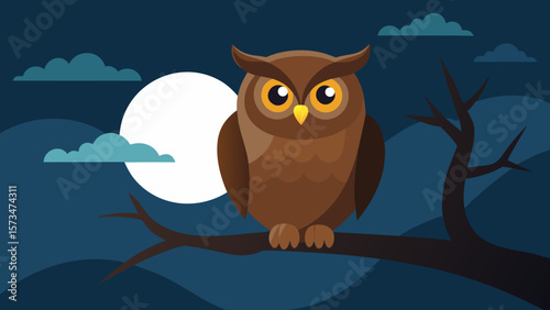 Cute wise owl bird character on a tree branch illustration under the night sky