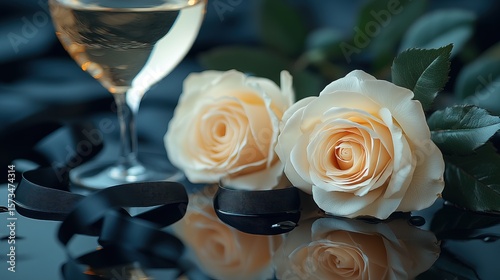 Elegant Still Life White Roses, Wine Glass, Black Ribbon, Reflective Surface