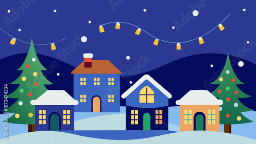 Christmas night winter landscape with houses and a snow-covered city under a starry sky, featuring festive lights and a moonlit scene