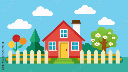 A charming cartoon illustration of a house amidst a vibrant summer landscape with trees and a clear sky