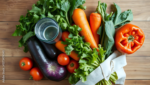 Fresh vegetables arranged artistically with a water glass on a wooden surface, natural light enhancing colors.