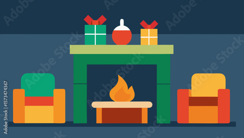 Vector illustration set of a cozy home interior with a decorated Christmas tree and fireplace, alongside furniture and window designs