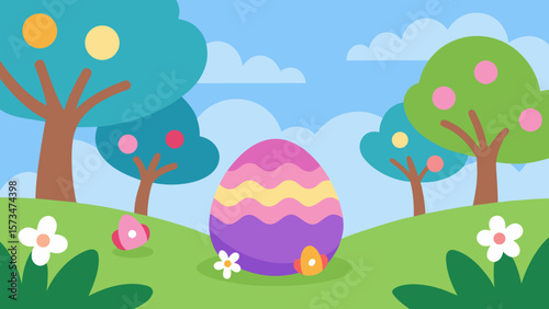 Vibrant cartoon illustration of Easter eggs hidden in a spring meadow with flowers, trees, and butterflies under a sunny sky