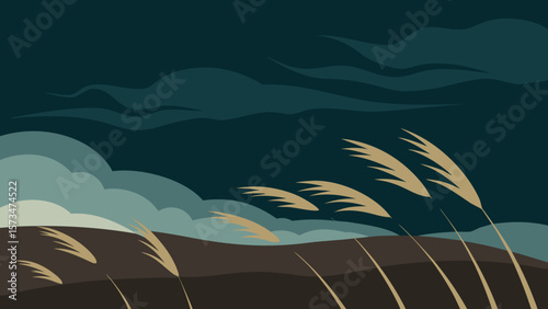 Green vector landscape with palm trees, sun, and rolling hills under a summer sky