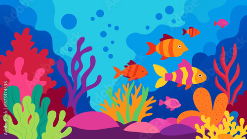 Seamless pattern of colorful cartoon fish in an underwater tropical coral reef