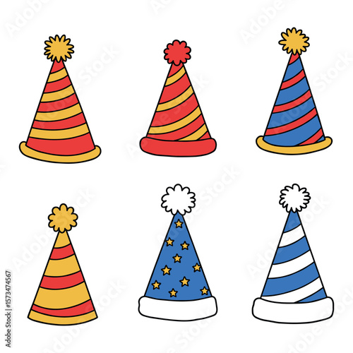 Colorful festive party hats with stripes and stars in various patterns – stock vector in colorful flat style