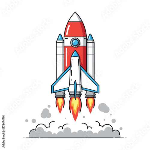 Colorful rocket launch illustration with flames and smoke – stock vector in colorful flat style