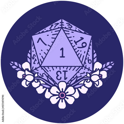icon of natural one dice roll with floral elements in bright neon color