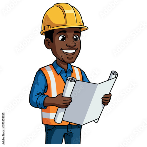 African male adult construction worker holding blueprints in safety gear and hard hat – stock vector in colorful flat style