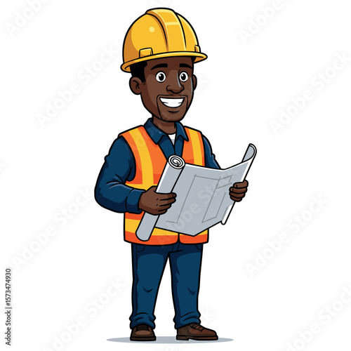 Smiling african male engineer with blueprint and safety gear – stock vector in colorful flat style