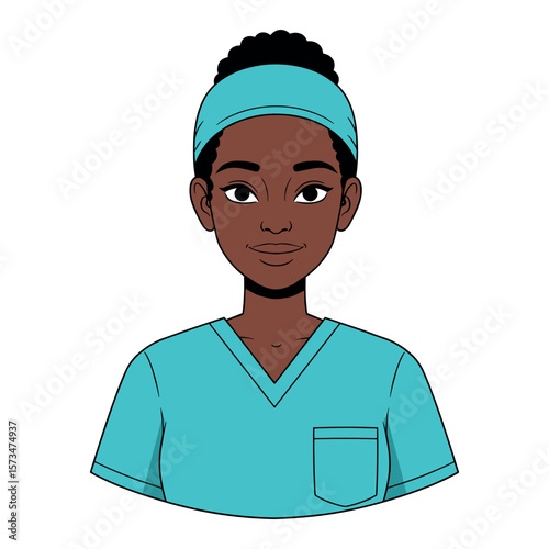 African female young nurse in turquoise scrubs with headband – stock vector in colorful flat style