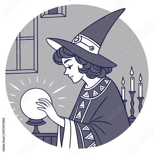 A witch in a tall hat gazes into a glowing crystal ball with candles and a window in the background scene