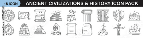 Ancient Civilizations and History Icon Set - Line icon pack of 18 illustrations representing ancient cultures, artifacts, architecture, mythology, and historical monuments across civilizations.
