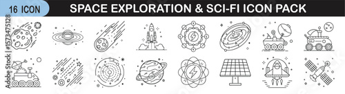 Space Exploration and Sci-Fi Icon Set - Futuristic icon pack of 15 thin-line illustrations featuring rockets, planets, alien worlds, satellites, rovers, and science fiction elements.
