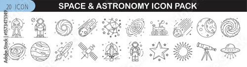 Space and Astronomy Icon Set for Science Themes - Thin-line icon pack of 20 illustrations featuring space exploration, celestial bodies, astronauts, telescopes, rockets, and cosmic elements.
