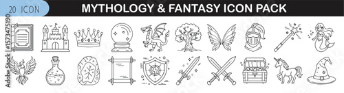 Mythology and Fantasy Icon Set for Magical Themes - Whimsical icon pack of 20 thin-line illustrations featuring mythical creatures, magic items, enchanted places, and fantasy story elements.
