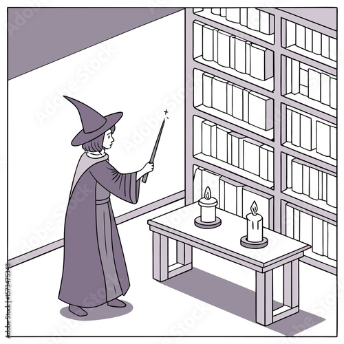 A young witch in a hat casts a spell with a wand in a room with a bookshelf and a table with candles