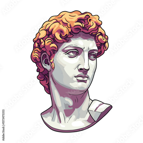 Colorful illustration of classical marble sculpture bust with curly hair – stock vector in colorful flat style
