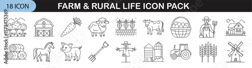 Farm and Rural Life Line Icon Collection - Icon set of 18 thin-line illustrations depicting farming, livestock, crops, tools, and country life for agricultural visuals and designs.
