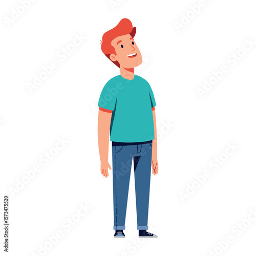 Young caucasian male with red hair smiling upward in casual attire – stock vector in colorful flat style