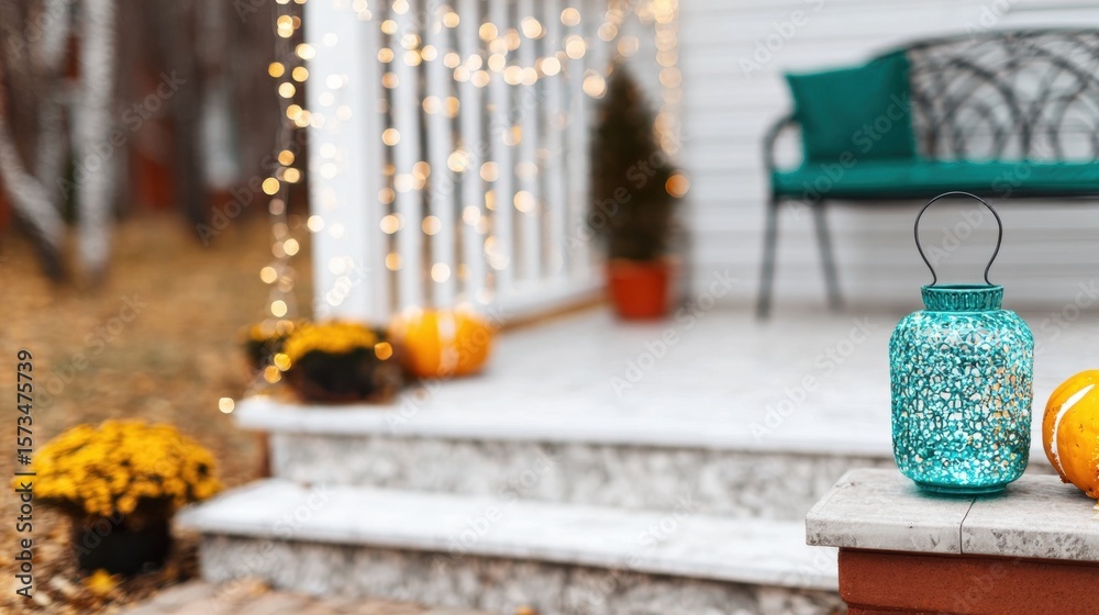 Obraz premium Charming autumn porch decor with pumpkins and festive lights at twilight