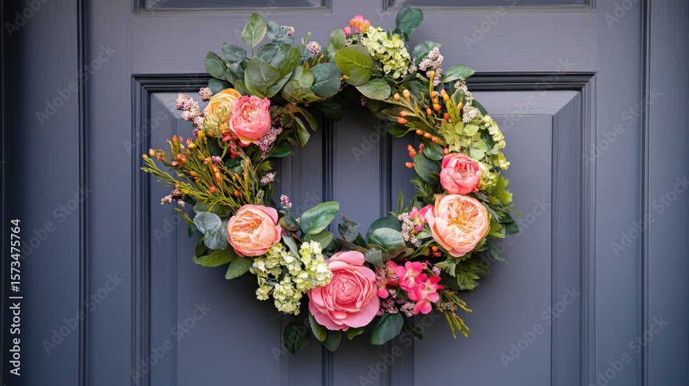 Naklejka premium Photo of a beautiful pink floral wreath hangs on a modern blue paneled door
